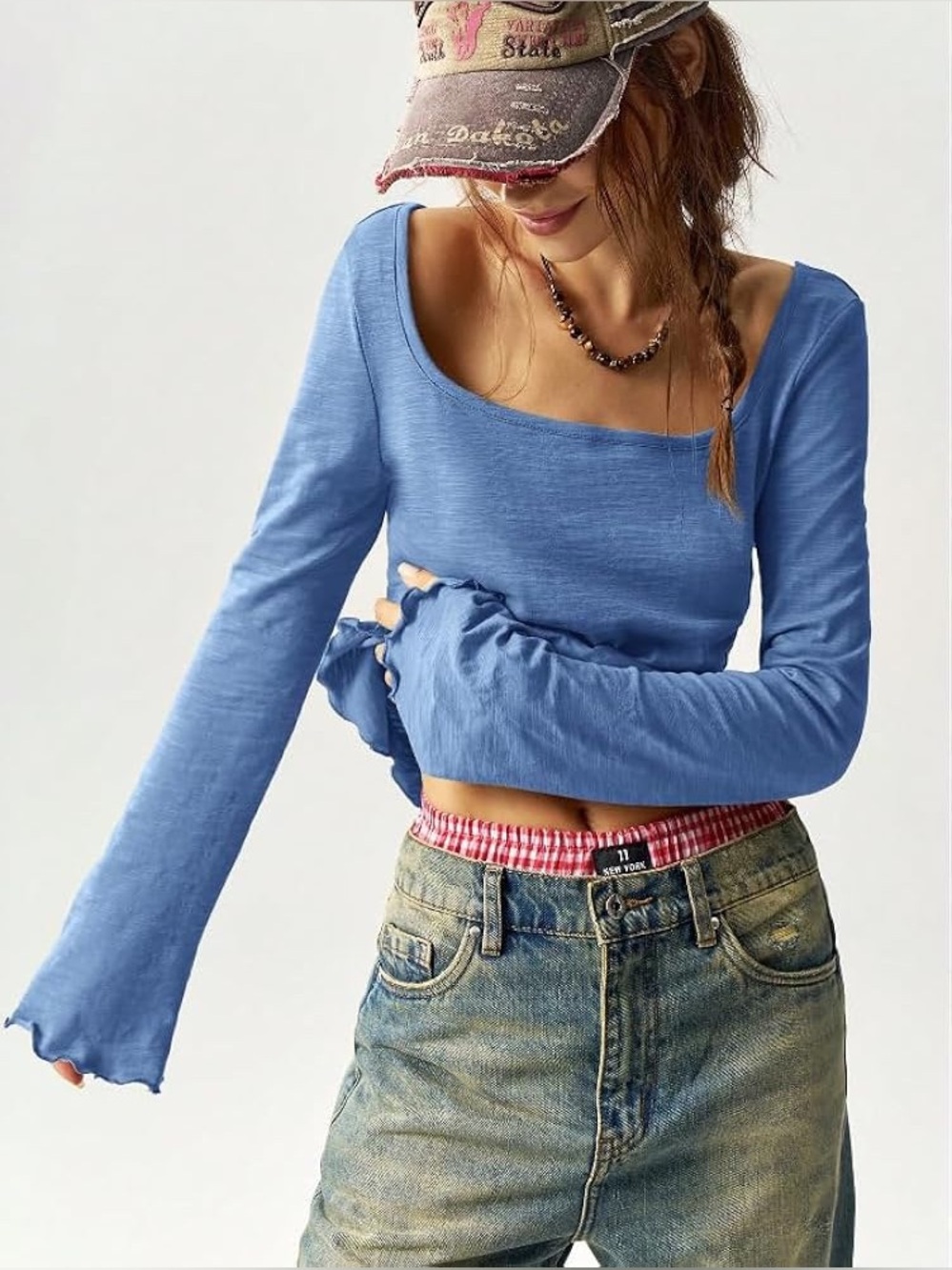 Shein Bohemela Long Sleeve Lettuce Edge Sky Blue Scoop Hem Top Bohemian Small